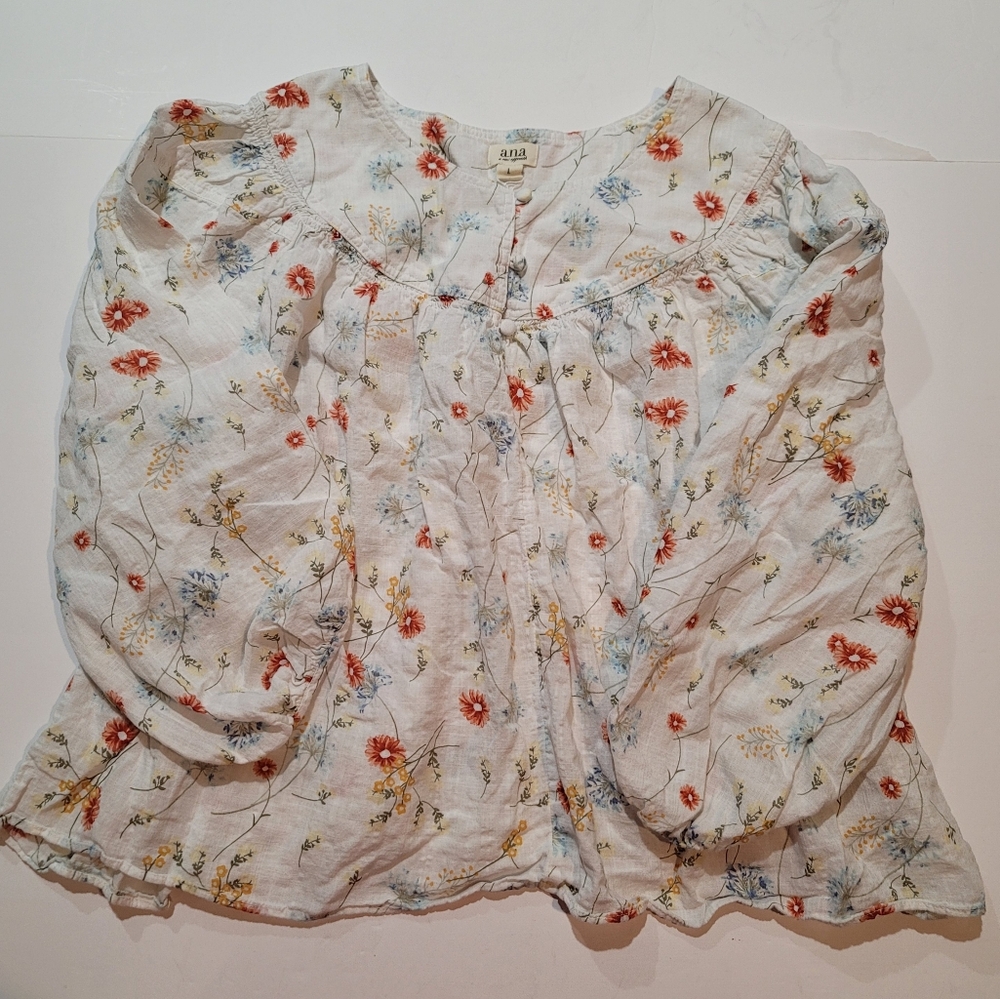 a.n.a. blouse floral round yoke smock edged puff 3/4 sleeves cottagecore boho